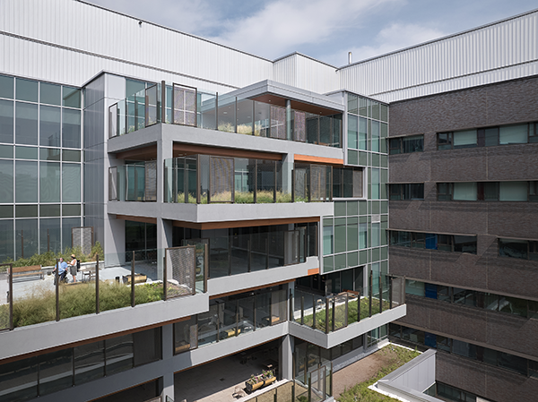 The facility features outdoor spaces, such as sensory gardens, fitness trails and meditation areas. There are also terraces on each floor.