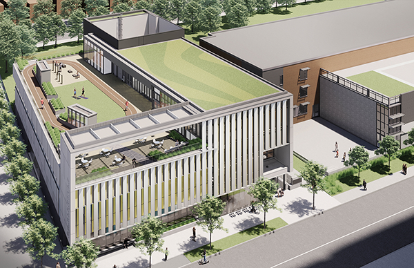 Shown is a rendering of the exterior of the news Davisville Community & Aquatic Centre in Toronto, looking northeast from above Davisville Avenue. The project broke ground recently.