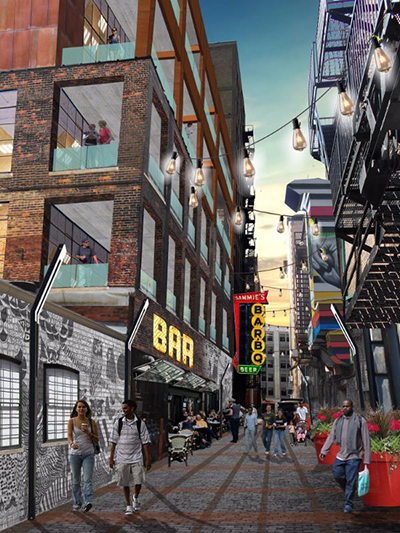 A rendering of the "activated" rear alley that will be an art and entertainment passageway.