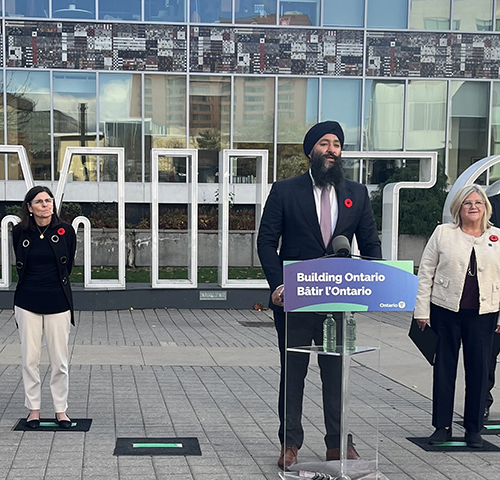 From left, Filomena Tassi, MP for Hamilton West-Ancaster-Dundas, Prabmeet Sarkaria, Ontario minister of transportation, and Andrea Horwath, Hamilton mayor celebrate a Request for Qualifications being issued for the long-awaited LRT project.