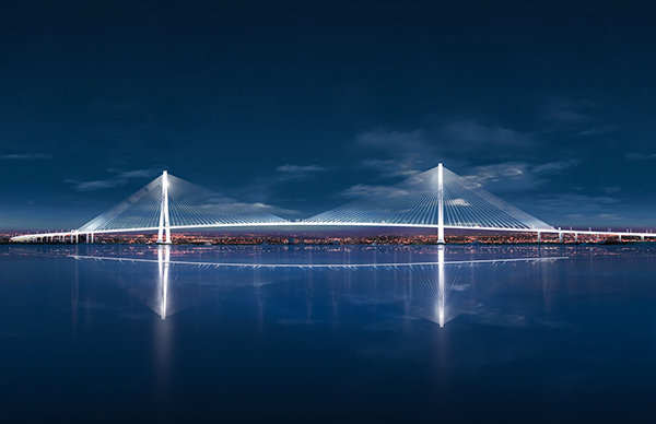 Shown is an artist’s rendering of the Gordie Howe International Bridge nighttime profile.