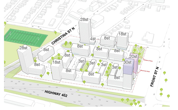 A schematic diagram shows different building heights and development configurations.