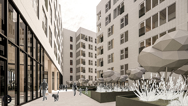 An artist’s rendering of the interior courtyard of Ann Arbor's SouthTown timbered residential complex.