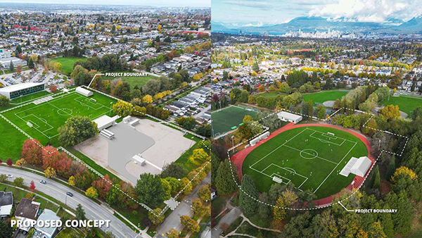 Vancouver’s Killarney Park North, left in photo, and Memorial Park South will be overhauled in 2025 to provide practice facilities for incoming international FIFA teams, including the addition of coaching and team facilities, press facilities and stands.