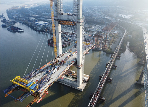 In this photo from mid-November, five pairs of cable stays are installed on both sides of the Pattullo Bridge tower.