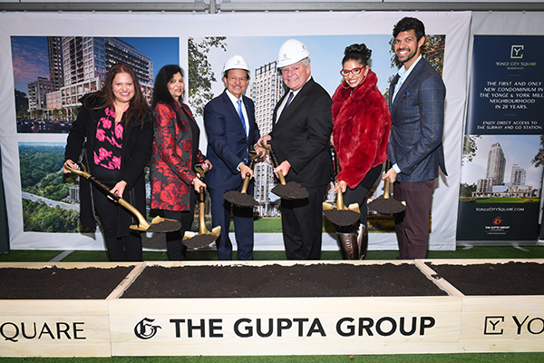 From left, Reema Balaram, Rashmi Gupta, Steve Gupta, Ontario Premier Doug Ford, Reetu Gupta and Suraj Gupta break ground on the Yonge City Square project.