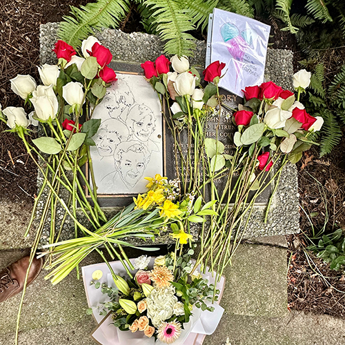 - Roses and artwork laid at the Bentall Memorial.