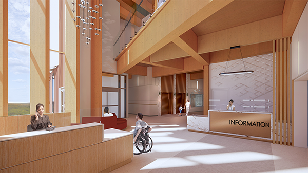 The main entry to the Prince Edward County Memorial Hospital will showcase exposed mass timber in a double-height space to be known as the Beacon.