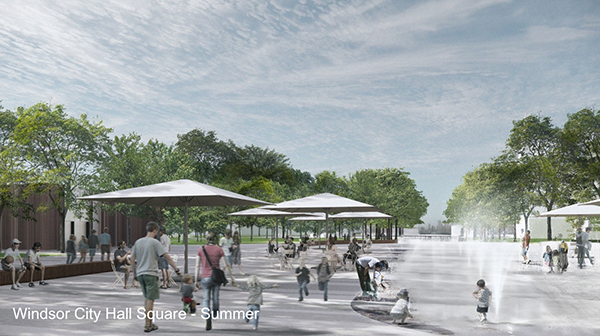 A rendering shows the ice rink transformation into a summer people-oriented leisure and event space outside Windsor’s city hall.