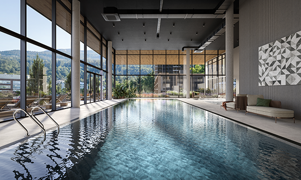 The first phase of Port Moody’s Inlet District development includes The Well, which is a 27,000-square-foot central amenity space with a gym, yoga studio, swimming pools, sports courts and a synthetic ice rink as well as a co-working space, music bar with vinyl library, adults’ and kids’ lounges and a movie room.