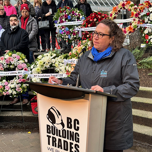 BC Building Trades executive director Brynn Bourke speaks at the event.