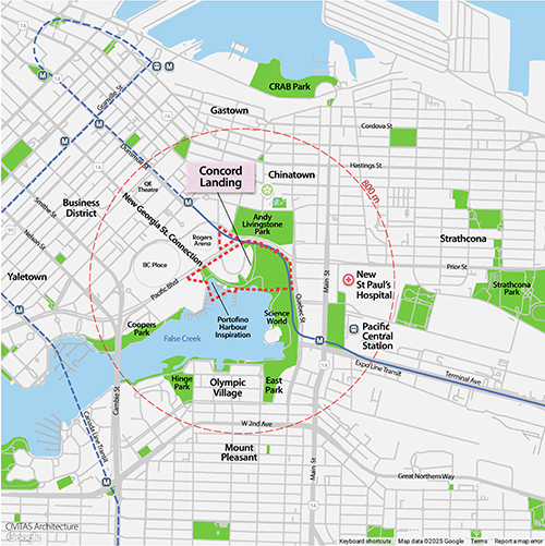 A map illustrates the section of downtown Vancouver that will connect to the Northeast False Creek development indicated by dotted lines.