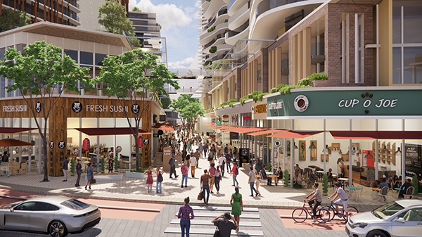 A planned European-style “village” approach will create a commercial area with narrowed streets and a neighbourhood feel. 