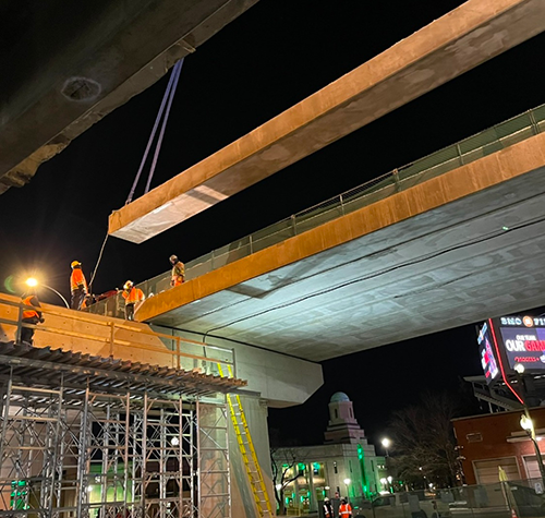 Crews are working around the clock placing girders for the elevated roadway as part of the Gardiner Expressway rehabilitation project.