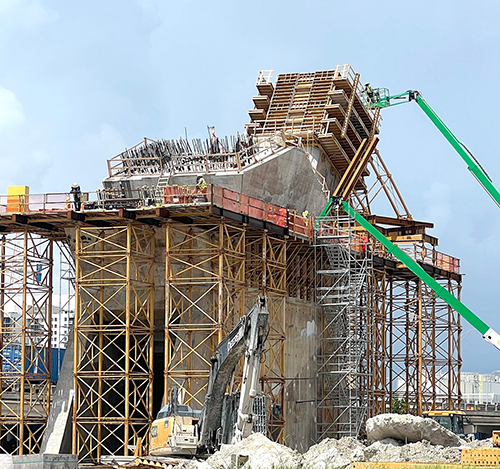 One of the six arches on Miami’s suspension bridge structure has already been completed and crews are finishing another. The project is a partnership between the FDOT and Greater Miami Expressway Agency. HDR is engineer on the bridge project and I-395 roadwork. Donald Macdonald Architects was the bridge architect.