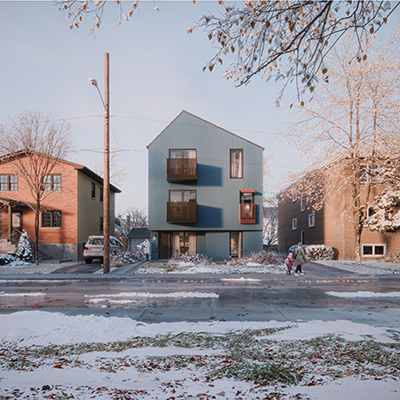 Pictured is a six-unit home designed to provide additional density in a variety of neighbourhood contexts. It includes an accessible-ready unit.