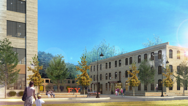 A rendering shows the Factory Yards urban campus of converted 19th century factory buildings.