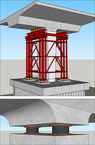 Shown is a concept rendering of the shoring towers and isolation bearings for the Cambie Street Bridge in Vancouver. The $211-million seismic upgrade and rehabilitation program includes a pedestrian/cycle staircase and ramp replacements, 10 foundation upgrades, 65 pier modifications, abutment modifications at six locations, repaving the entire bridge deck and other work such as utility relocates.
