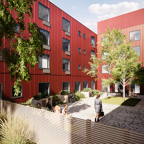 The U-shape form features a courtyard and there are two 35-foot narrow ends of the building facing the street.