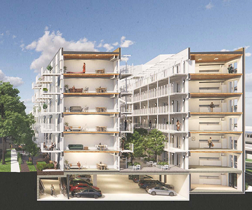 Using the CFS/CLT hybrid structure, the CLT floors of Vienna House in Vancouver are exposed on the ceiling and supported by prefabricated exterior wall panels.