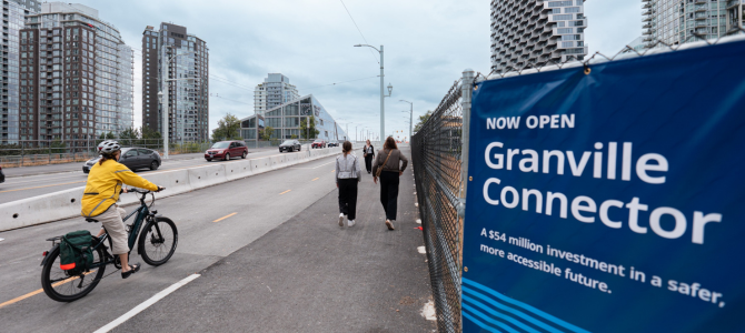 The $54 million Granville Connector is now open for activity. Physically separated from vehicle traffic, it’s a protected walking and cycling path across the west side of the Granville Bridge that was created by reallocating two excess vehicle lanes.