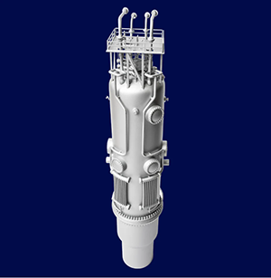 This image shows a rendering of the NuScale Power Module™ (NPM), the world’s first and only small modular reactor (SMR) to receive design approval from the U.S. Nuclear Regulatory Commission. Based on pressurized water reactor technology, the NPM is engineered to deliver flexible, carbon-free energy for diverse applications, including electricity generation, district heating, desalination, and commercial-scale hydrogen production. NuScale Power Modules measure 76 feet long by 15 feet in diameter, weigh approximately 700 tons, and are shipped in three segments via truck, rail, or barge.