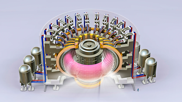 A rendering of a nuclear fusion reactor, where the fusion of atoms produces energy, the process that powers the Sun.