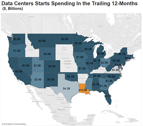 This map shows US Data Center construction starts spending in the trailing 12 months through July 2025, in $ billion.