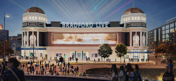 An exterior rendering shows the Bradford Live restored and reborn as a cornerstone of Bradford arts and entertainment.