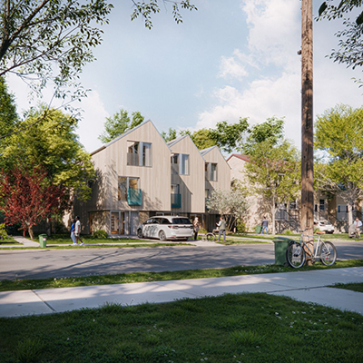 The Stacked Townhouse design suggested for Ontario specifies exterior wall insulation totalling R36 and minimum double-glazed window U-values of 2.1.