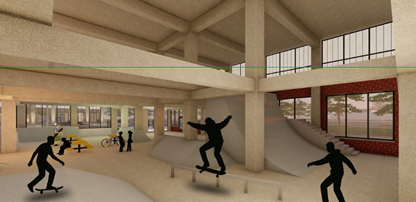 Pictured is the interior of the rehabbed original Packard building which shows one of several creative or recreational uses it could be used for. 