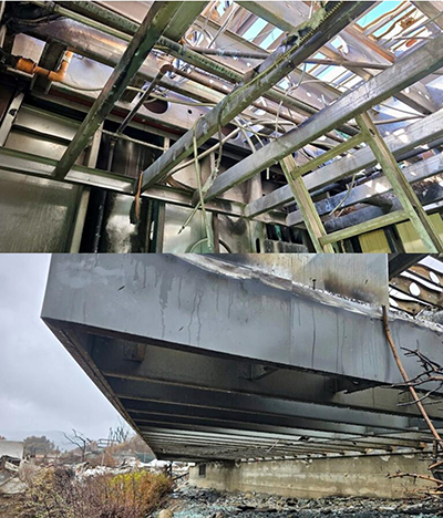 The cold-formed steel floor, roof and wall framing of a home after the Palisades Fire in California. The wood components were largely destroyed.