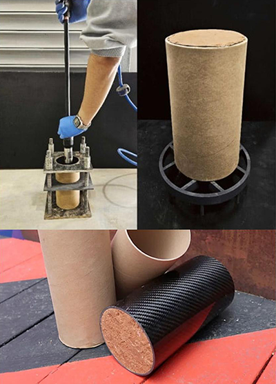 From left, RMIT’s cardboard-confined rammed earth cylinder using dry soils, cardboard tub and water can be compacted by hand or with machines. Below, carbon fibre added to the cylinder boosts finished strength to that rivaling high-performance concrete.