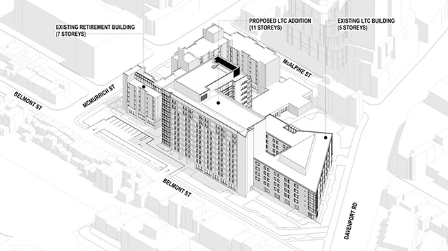 The new seniors building is being constructed on a 14,245 m² lot and incorporates a combination of one-, five- and seven-storey volumes, surface parking and landscaped courtyards.