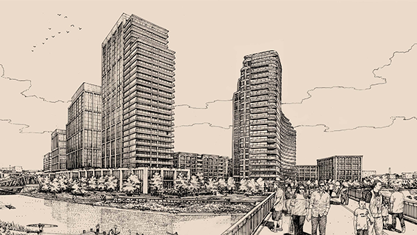 A close-up view of the planned Riverwalk along the North Branch of the Chicago River.