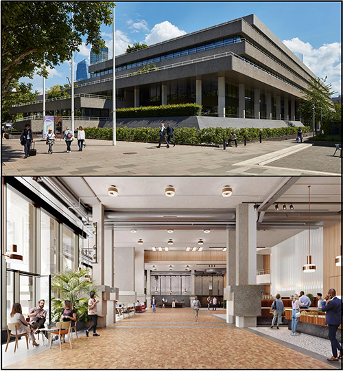 The street view to 76 Southbank has been humanized by replacing vehicle ramps with steps and with the addition of generous glazing and terrace gardens. In the reception area, Brutalist design elements have been preserved.
