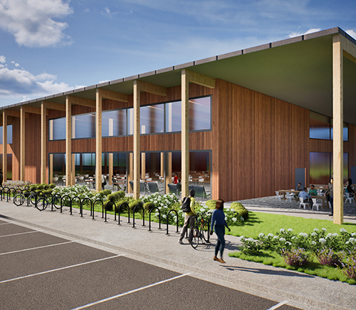 The complex will eventually include 13 buildings. Developers say sustainability has been woven into the campus design from the outset, with the facility being built to achieve U.S. Green Building Council LEED Gold certification.