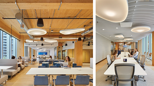 Waterfront Toronto’s new mass timber office located in the T3 Bayside features several types of workspaces, including open and private offices, phone booths, and meeting rooms, as well as a flexible gathering area for special events. A retractable partition allows the main boardroom to open into the adjacent lounge and kitchen.