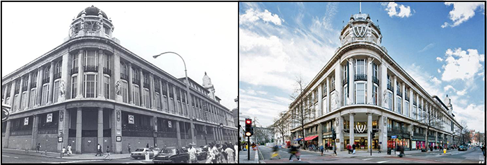 The ground level of The Whitely building has been opened up with retail outlets and restaurants, while preserving the original cupola and clock tower.