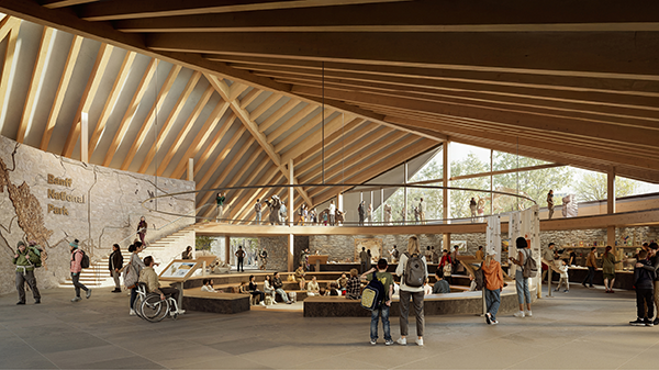 While the work calls for the restoration of the historic exterior, it will make one change: the pitched roof on the back of the building will be raised by about two metres, allowing for a belvedere lookout with a 360 degree panoramic view. Shown is the visitor centre entry.
