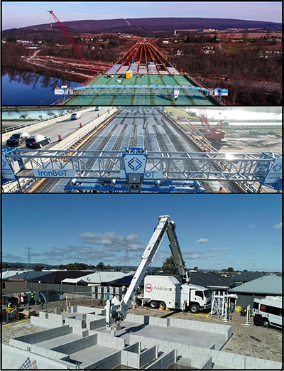 The Tybot (top) and Ironbot (middle) lift, locate and tie rebar into position. Hadrian (bottom) can build concrete block walls.
