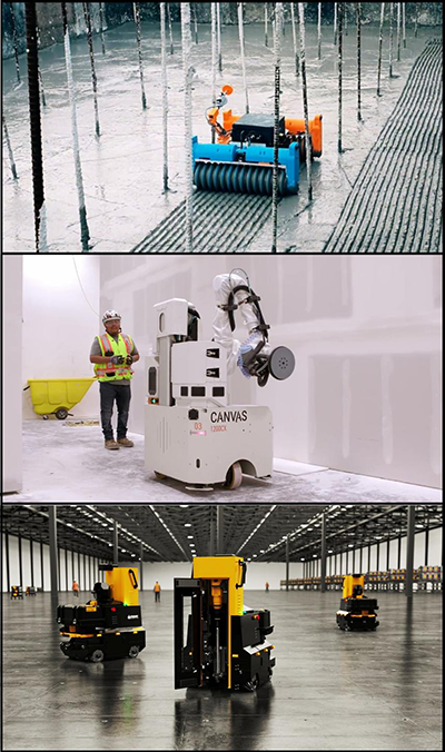 The CONNIT Runner (top) produces grooves in wet concrete prior to rebar installation. The Canvas drywall robot speeds up drywall finishing. The “Boris” concrete drilling robot speeds up the installation of floor-mounted equipment in large facilities like data centres.