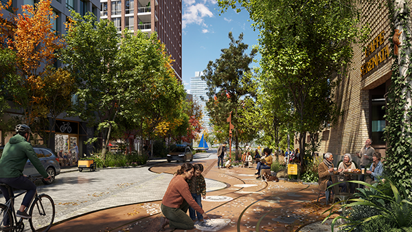 The streets are designed to perform as infrastructure and will manage stormwater, reduce urban heat and support biodiversity. Rainwater is captured, filtered and reused through integrated green infrastructure, while planting strategies create habitats for local species.