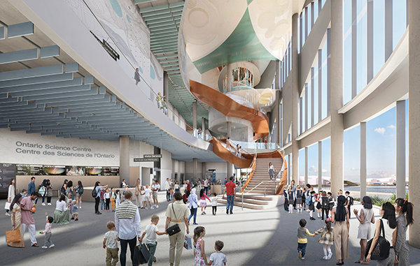 The new 400,000-square foot facility will feature a mainland building, an integrated pod complex, interactive exhibits, an upgraded Cinesphere and more programming space than at the previous site. Shown is the atrium.