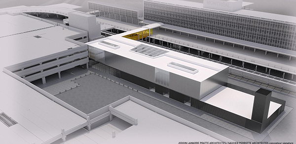 Shown is a conceptual overhead view of the finished REM station with existing airport terminal behind it connected by a skyway.