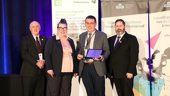 From left, Pierre Zundel, president and CEO, Collège communautaire du Nouveau-Brunswick (CCNB) and chair of the CICan Board of Directors; Pari Johnston, president and CEO, Colleges and Institutes Canada; winner Spencer Wood, director of facilities management, Humber Polytechnic; and Steve Laurin, vice-president, Affinity Market Group, TD Insurance.