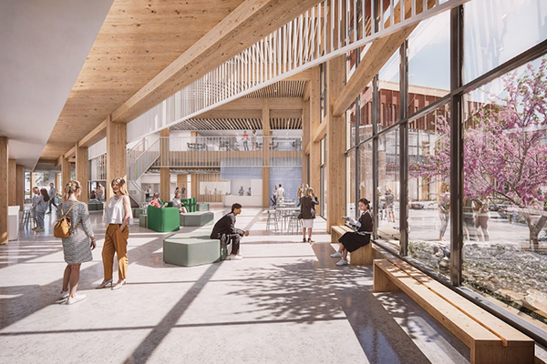 “Activation spaces” are located between the two blocks on the ground floor, which are meant to foster a variety of social and break out activities. Among them, overlooking the courtyard, are a community hub and coffee shop. An open atrium rises to the second level.
