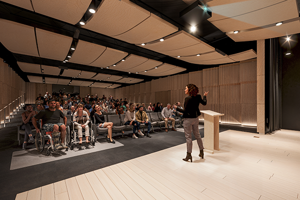 A 200-seat auditorium lends itself to lectures and author visitations at the new Saskatchewan Central Library.